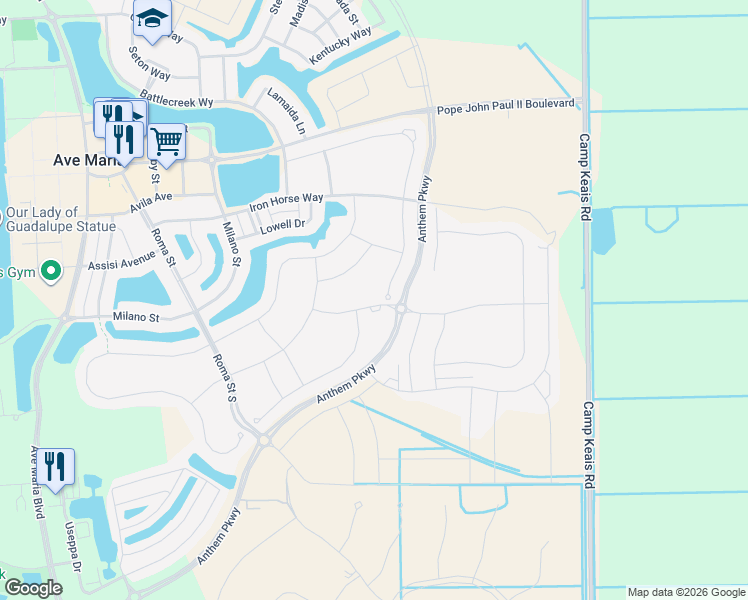 map of restaurants, bars, coffee shops, grocery stores, and more near 5070 Monza Court in Ave Maria