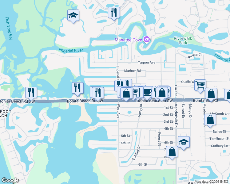 map of restaurants, bars, coffee shops, grocery stores, and more near 4520 Bonita Beach Road Southwest in Bonita Springs