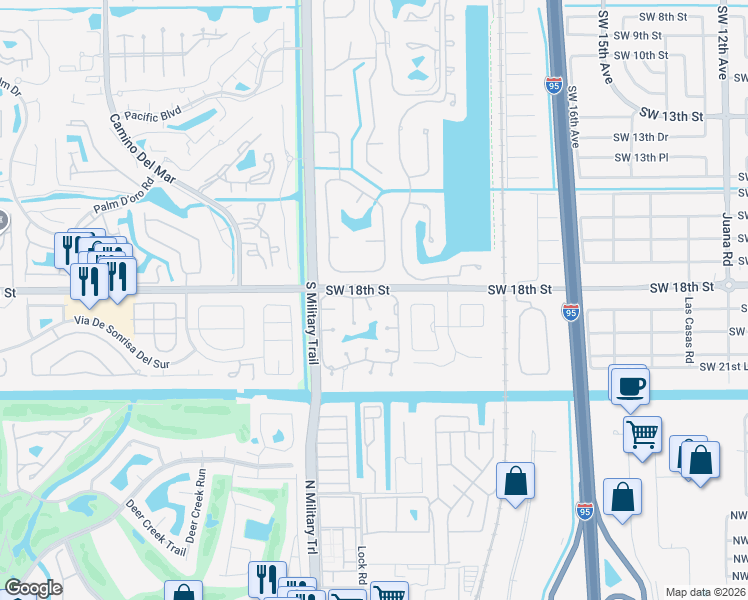 map of restaurants, bars, coffee shops, grocery stores, and more near 23265 Water Circle in Boca Raton