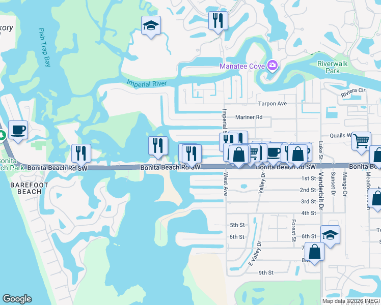 map of restaurants, bars, coffee shops, grocery stores, and more near 4648 Bonita Beach Road Southwest in Bonita Springs