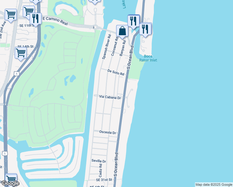 map of restaurants, bars, coffee shops, grocery stores, and more near 869 Via Cabana in Boca Raton