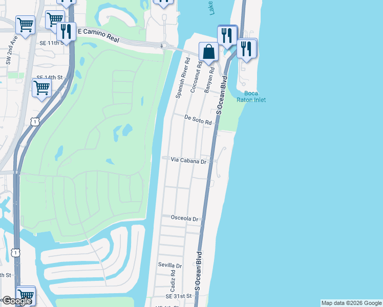map of restaurants, bars, coffee shops, grocery stores, and more near 850 Via Cabana in Boca Raton