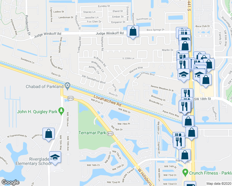 map of restaurants, bars, coffee shops, grocery stores, and more near 10692 Shore Drive in Boca Raton
