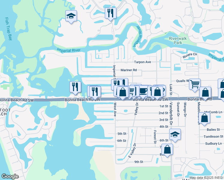 map of restaurants, bars, coffee shops, grocery stores, and more near 4520 Bonita Beach Road Southwest in Bonita Springs