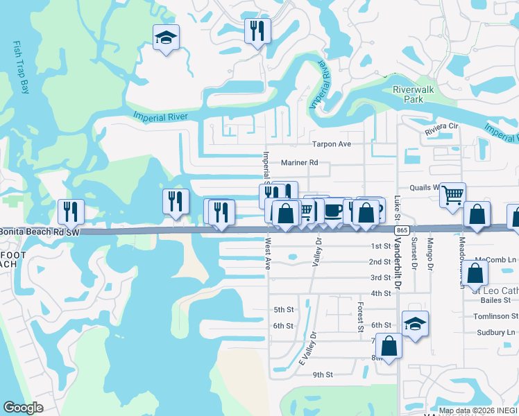 map of restaurants, bars, coffee shops, grocery stores, and more near 4520 Bonita Beach Road Southwest in Bonita Springs