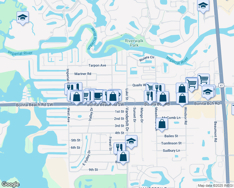 map of restaurants, bars, coffee shops, grocery stores, and more near 27694 Imperial River Road in Bonita Springs