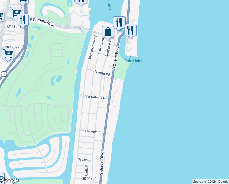 map of restaurants, bars, coffee shops, grocery stores, and more near 1400 South Ocean Boulevard in Boca Raton