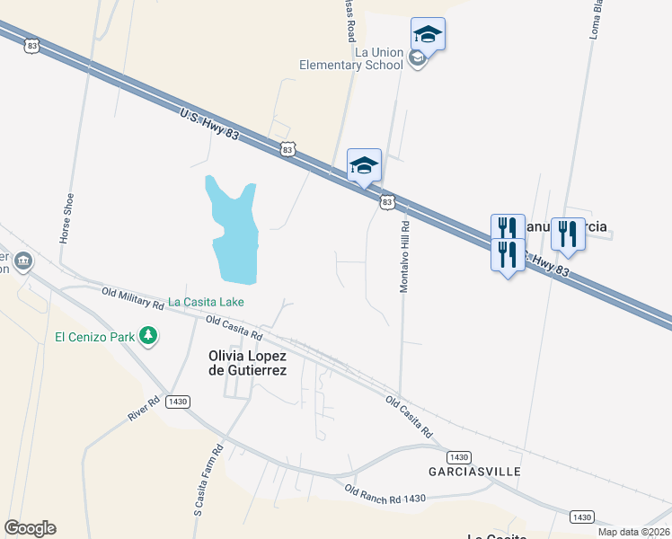 map of restaurants, bars, coffee shops, grocery stores, and more near Sunset Lane in Starr County