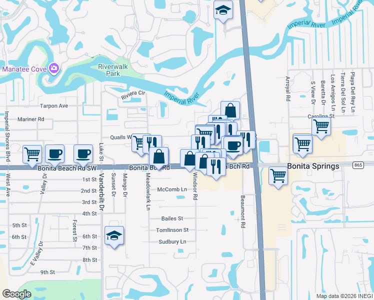 map of restaurants, bars, coffee shops, grocery stores, and more near 27870 Windsor Road in Bonita Springs