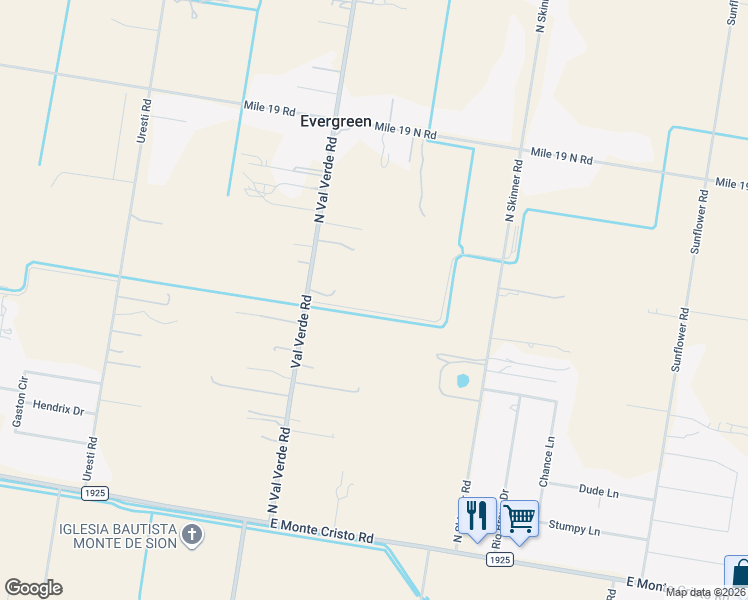 map of restaurants, bars, coffee shops, grocery stores, and more near 21612 North Val Verde Road in Edinburg