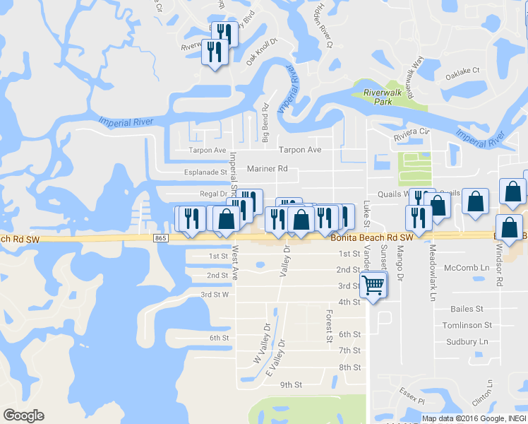 map of restaurants, bars, coffee shops, grocery stores, and more near 4365 Pine Lake Road in Bonita Springs