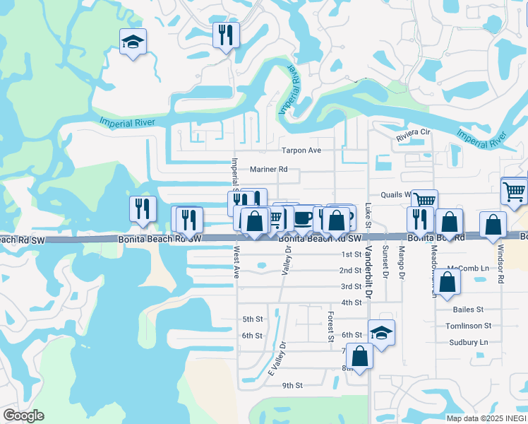 map of restaurants, bars, coffee shops, grocery stores, and more near 4400 Vanda Drive in Bonita Springs
