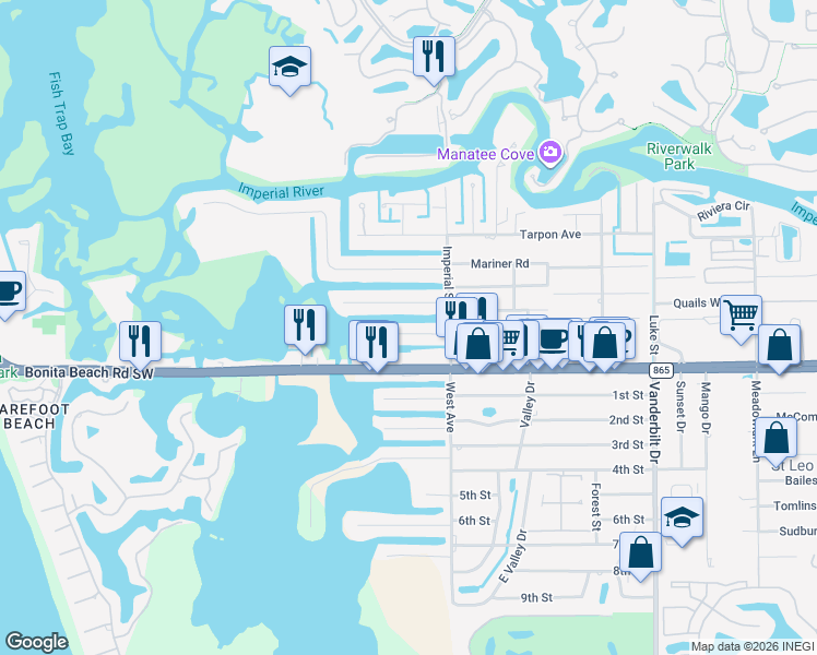 map of restaurants, bars, coffee shops, grocery stores, and more near 4841 Regal Drive in Bonita Springs