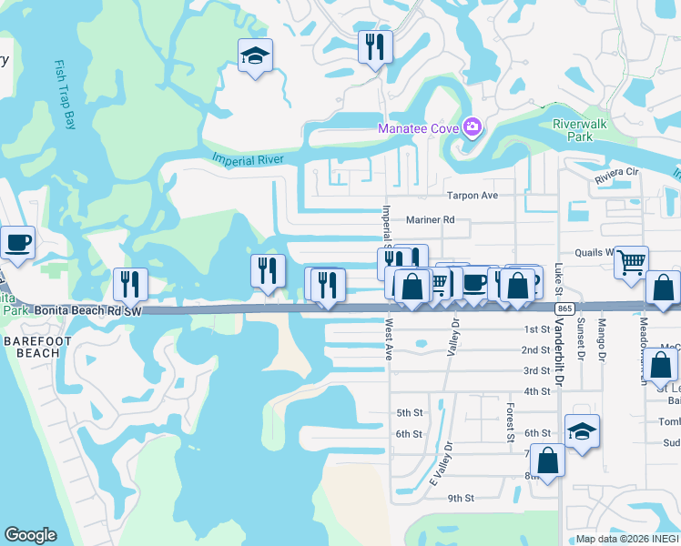 map of restaurants, bars, coffee shops, grocery stores, and more near 4841 Regal Drive in Bonita Springs