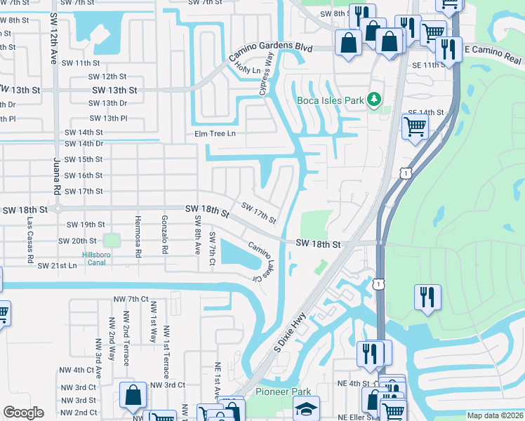 map of restaurants, bars, coffee shops, grocery stores, and more near 631 Southwest 17th Street in Boca Raton