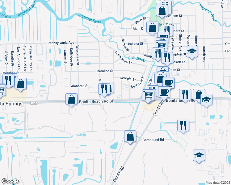 map of restaurants, bars, coffee shops, grocery stores, and more near 27810 Washington Street in Bonita Springs