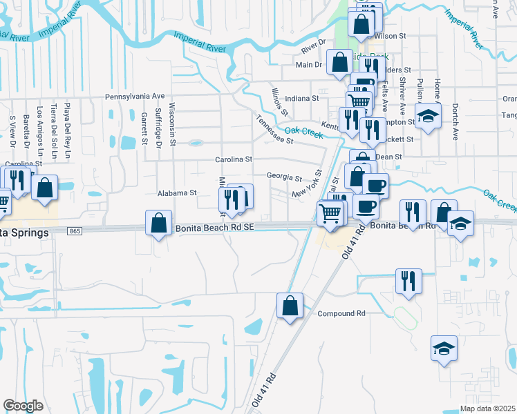 map of restaurants, bars, coffee shops, grocery stores, and more near 27810 Washington Street in Bonita Springs