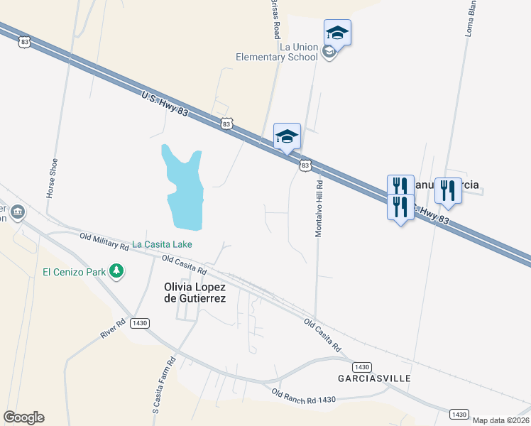 map of restaurants, bars, coffee shops, grocery stores, and more near Sunset Lane in Rio Grande City
