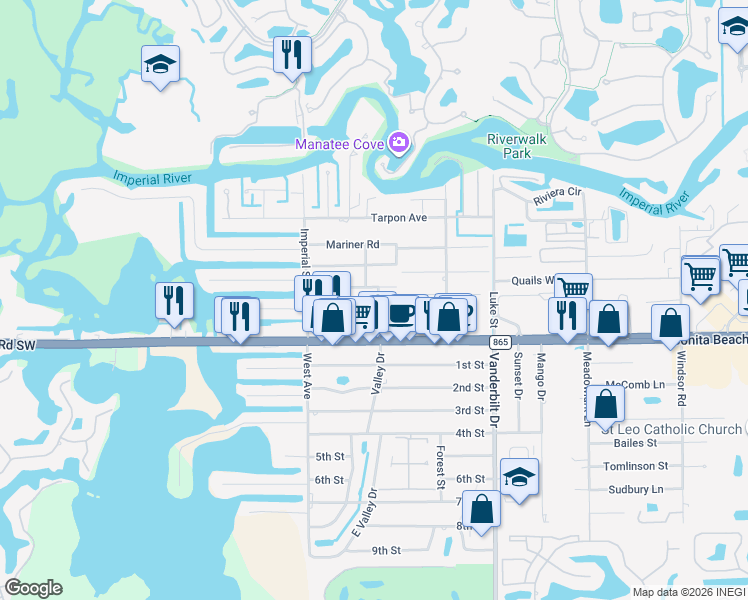 map of restaurants, bars, coffee shops, grocery stores, and more near 4365 Pine Lake Road in Bonita Springs