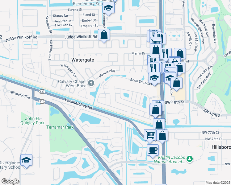 map of restaurants, bars, coffee shops, grocery stores, and more near 16143 Brookville Lane in Boca Raton