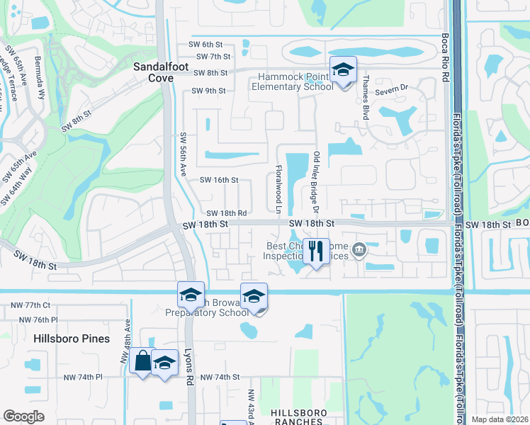 map of restaurants, bars, coffee shops, grocery stores, and more near 23132 Southwest 53rd Avenue in Boca Raton