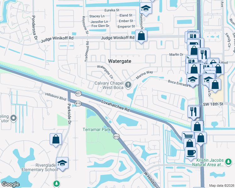 map of restaurants, bars, coffee shops, grocery stores, and more near 23135 Rainbow Road in Boca Raton