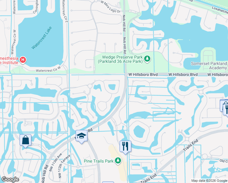 map of restaurants, bars, coffee shops, grocery stores, and more near 8197 Northwest 107th Lane in Parkland