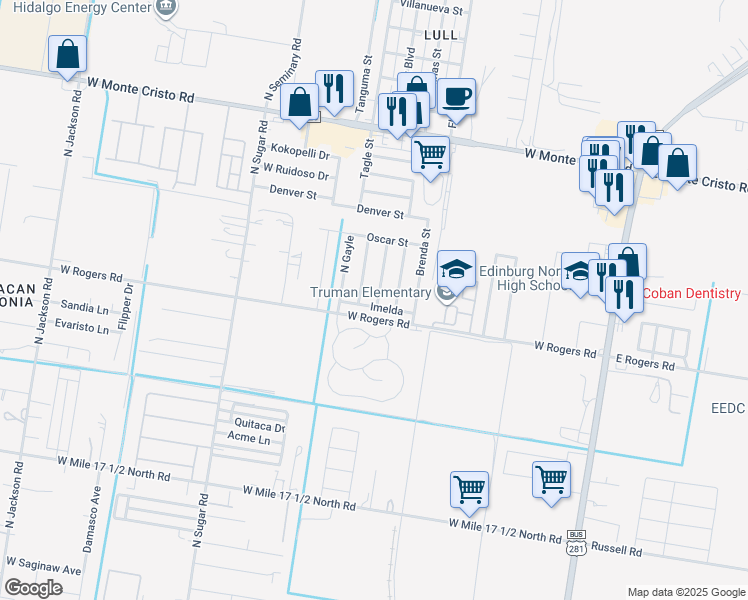 map of restaurants, bars, coffee shops, grocery stores, and more near 2813 Cassie in Edinburg
