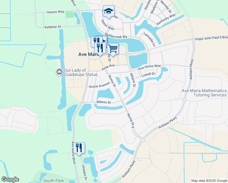 map of restaurants, bars, coffee shops, grocery stores, and more near 5157 Roma Street South in Ave Maria