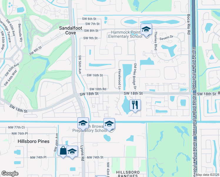 map of restaurants, bars, coffee shops, grocery stores, and more near 23132 Southwest 53rd Avenue in Boca Raton