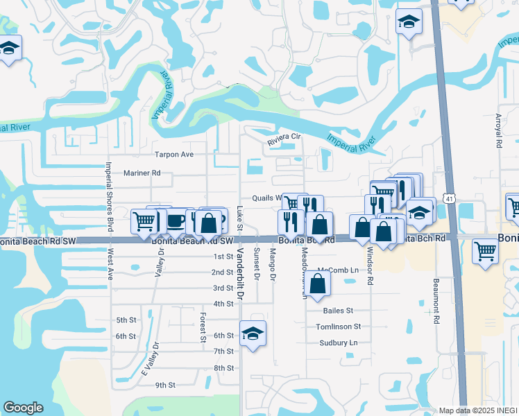 map of restaurants, bars, coffee shops, grocery stores, and more near Kens Way in Bonita Springs