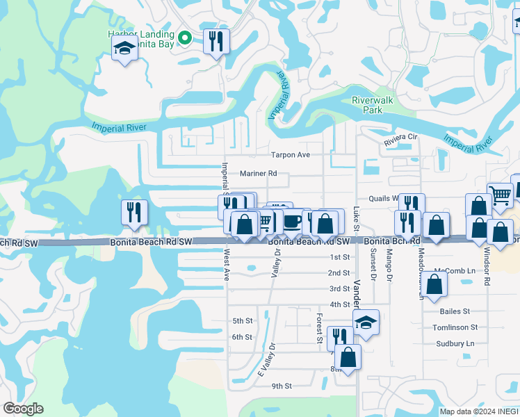 map of restaurants, bars, coffee shops, grocery stores, and more near 4365 Pine Lake Road in Bonita Springs