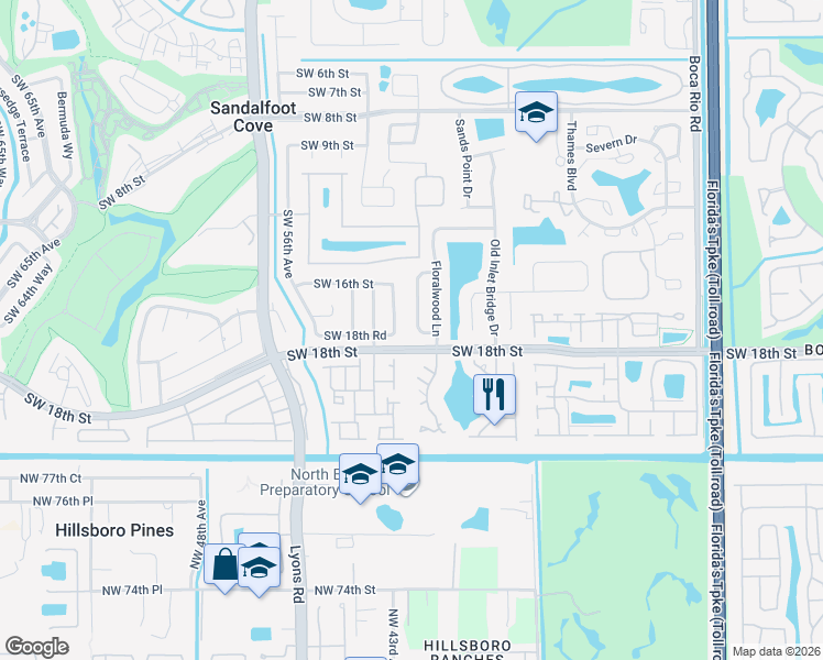 map of restaurants, bars, coffee shops, grocery stores, and more near 23132 Southwest 53rd Avenue in Boca Raton