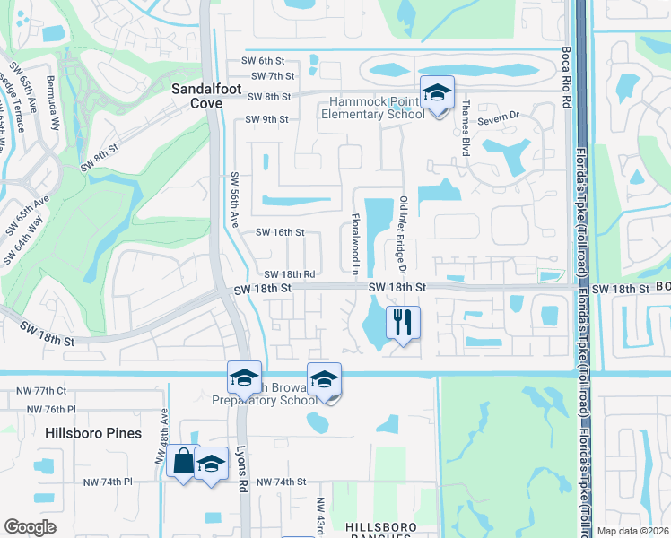 map of restaurants, bars, coffee shops, grocery stores, and more near 23132 Southwest 53rd Avenue in Boca Raton