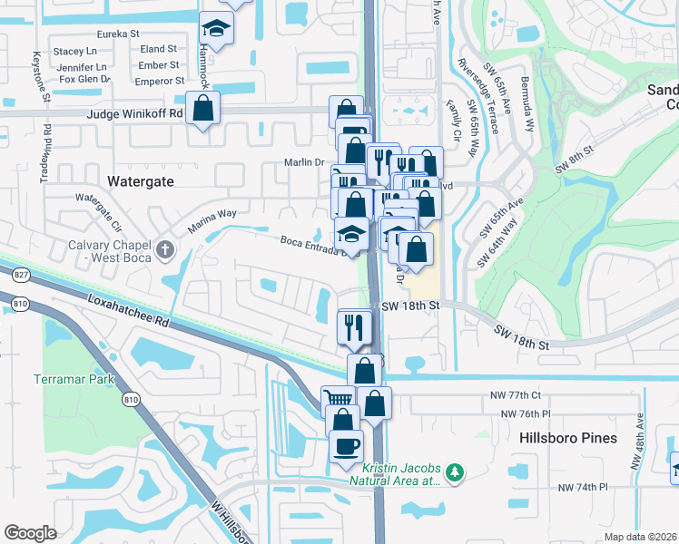 map of restaurants, bars, coffee shops, grocery stores, and more near 10110 Boca Entrada Boulevard in Boca Raton