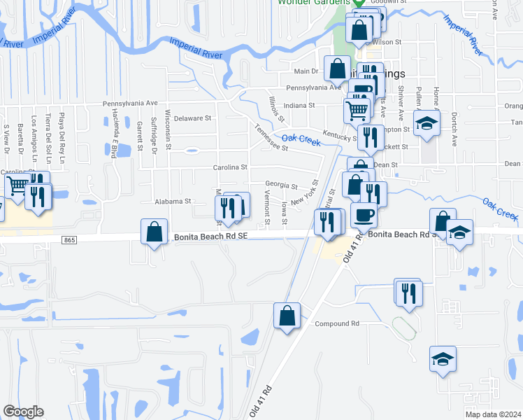 map of restaurants, bars, coffee shops, grocery stores, and more near 27810 Washington Street in Bonita Springs