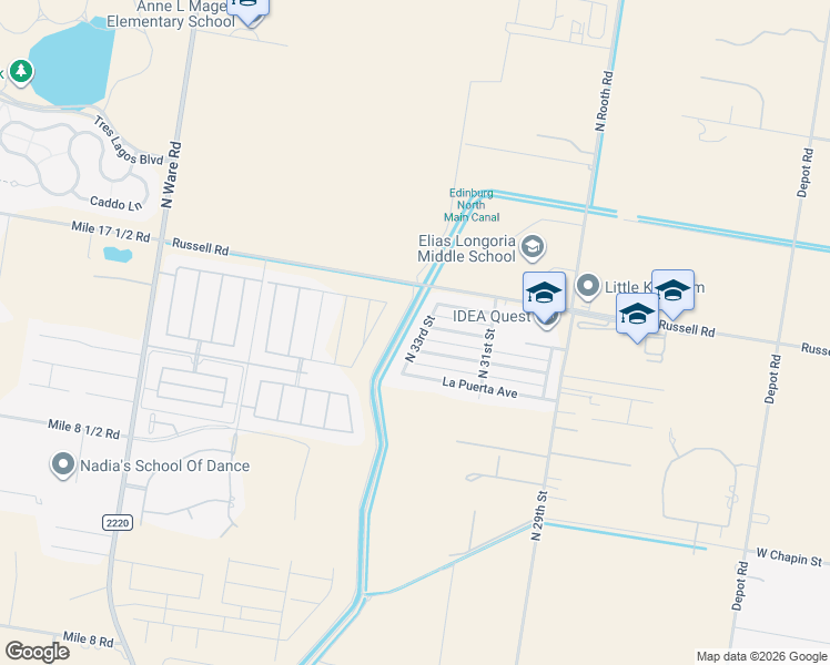 map of restaurants, bars, coffee shops, grocery stores, and more near 13809 North 33rd Street in Edinburg