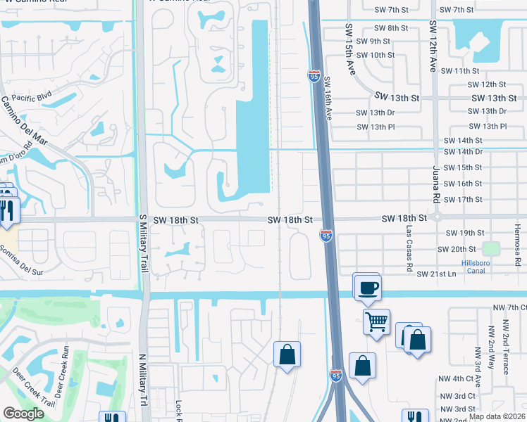 map of restaurants, bars, coffee shops, grocery stores, and more near 1834 Southwest 17th Street in Boca Raton