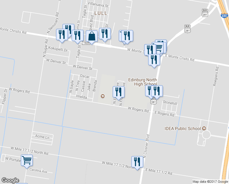 map of restaurants, bars, coffee shops, grocery stores, and more near 2921 North Edison Avenue in Edinburg