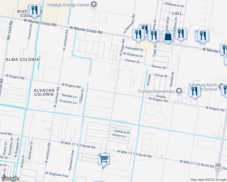 map of restaurants, bars, coffee shops, grocery stores, and more near 2805 North Sugar Road in Edinburg
