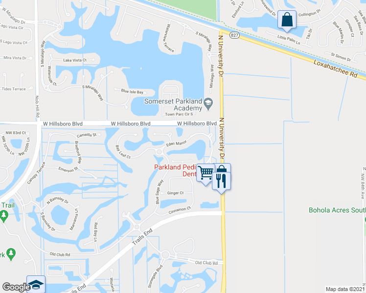 map of restaurants, bars, coffee shops, grocery stores, and more near 9560 Eden Manor in Parkland