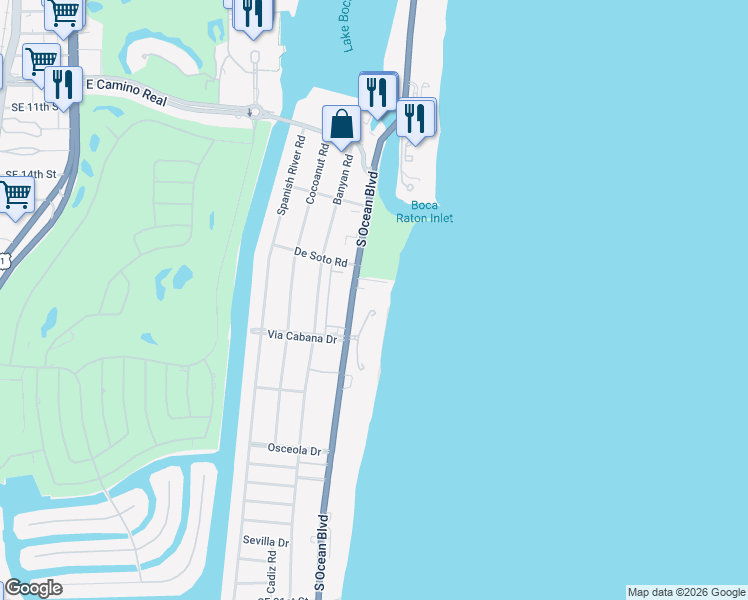 map of restaurants, bars, coffee shops, grocery stores, and more near 1200 South Ocean Boulevard in Boca Raton