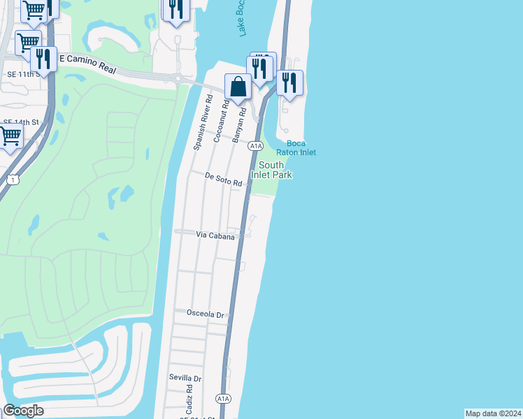 map of restaurants, bars, coffee shops, grocery stores, and more near 1200 South Ocean Boulevard in Boca Raton