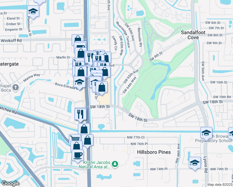 map of restaurants, bars, coffee shops, grocery stores, and more near 1721 Southwest 65th Avenue in Boca Raton