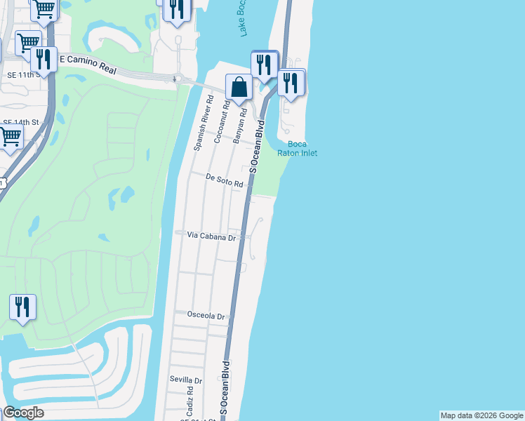 map of restaurants, bars, coffee shops, grocery stores, and more near 1200 South Ocean Boulevard in Boca Raton