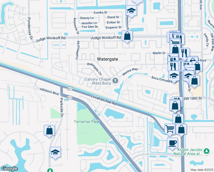 map of restaurants, bars, coffee shops, grocery stores, and more near 23135 Rainbow Road in Boca Raton