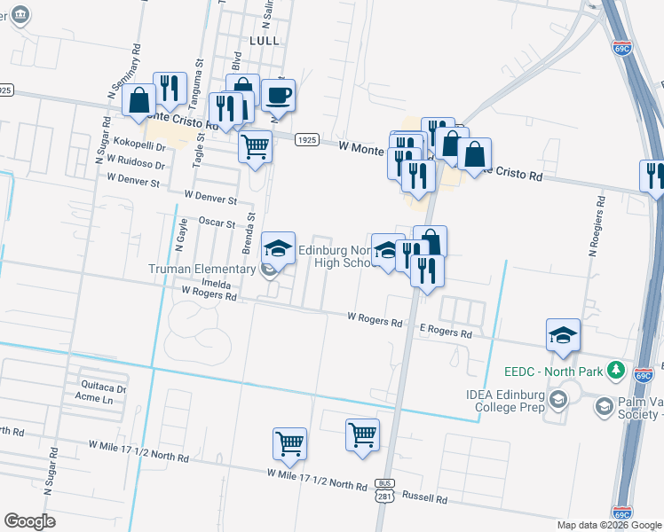 map of restaurants, bars, coffee shops, grocery stores, and more near 3006 North Franklin Avenue in Edinburg