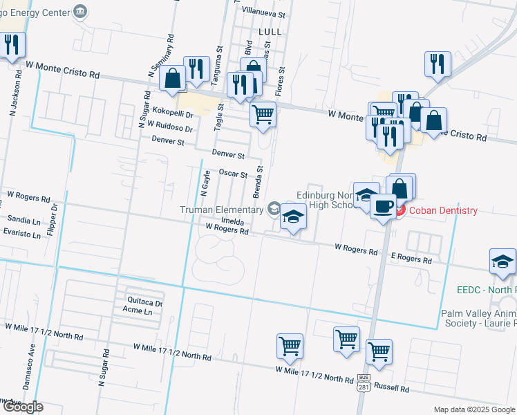 map of restaurants, bars, coffee shops, grocery stores, and more near 701 West Rogers Road in Edinburg