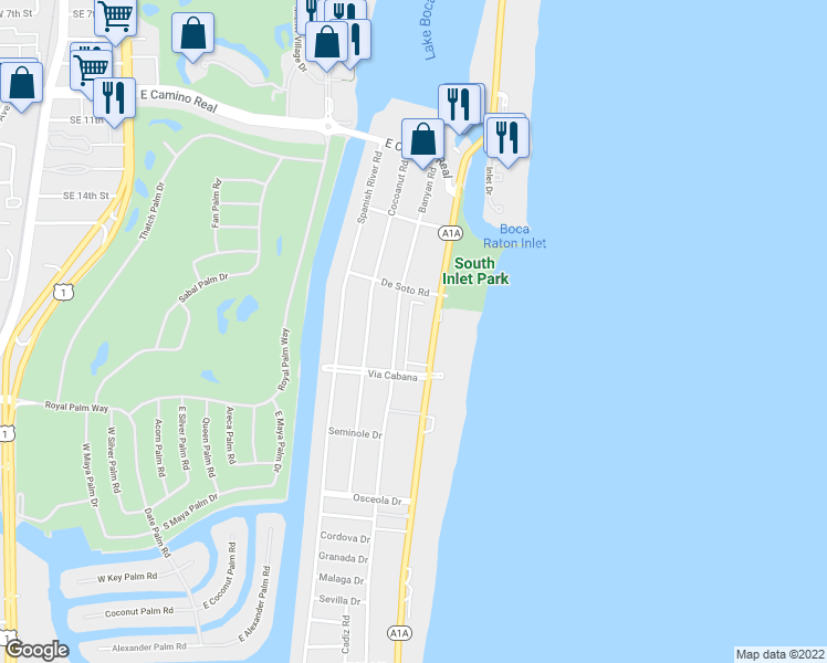 map of restaurants, bars, coffee shops, grocery stores, and more near 1298 South Ocean Boulevard in Boca Raton