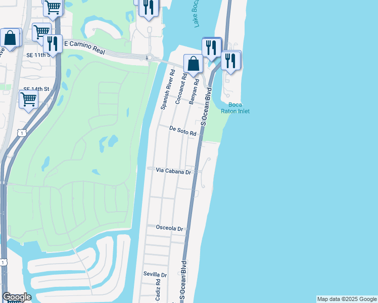 map of restaurants, bars, coffee shops, grocery stores, and more near 1299 South Ocean Boulevard in Boca Raton